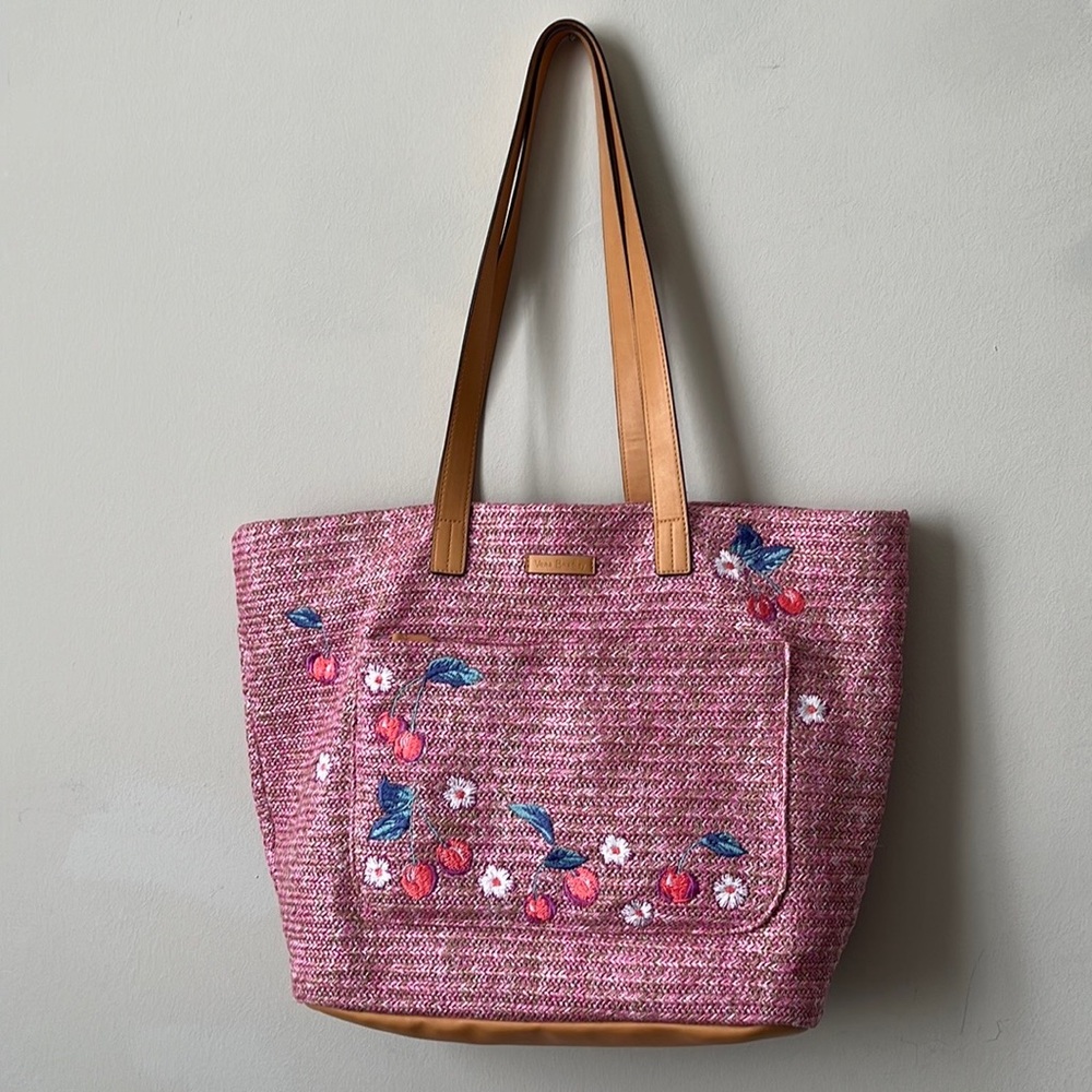 Vera Bradley Tote Front Pocket Straw Cherry Watermelon Woven Embroidery Lined